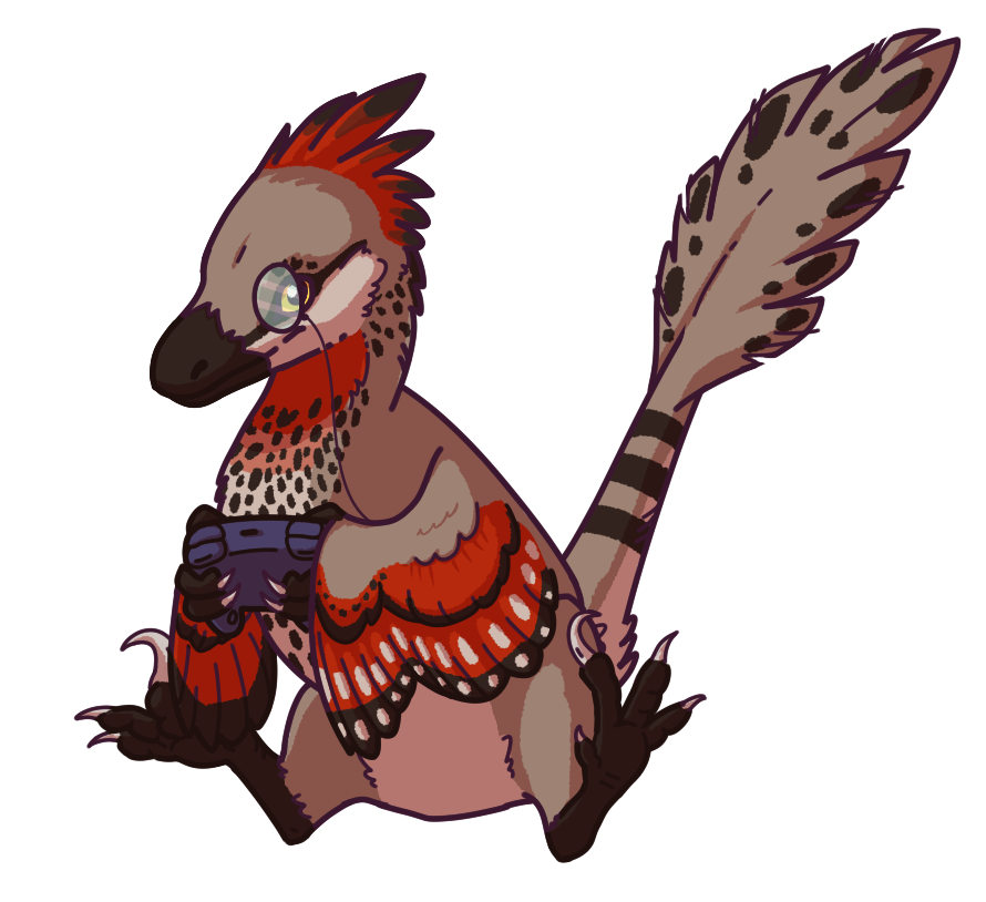 A velociraptor with a gamepad in its paws.