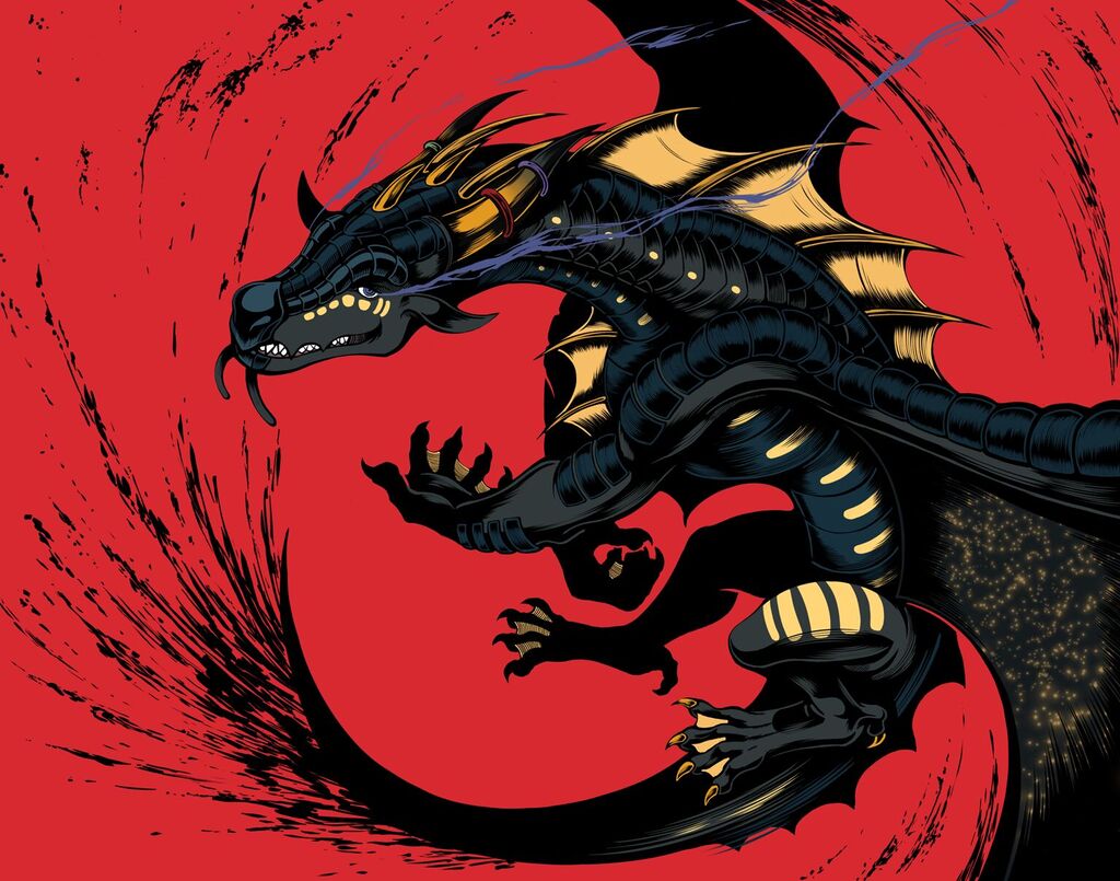 A high-contrast render of a SeaWing-NightWing hybrid dragon.