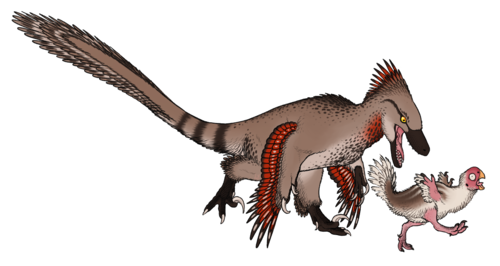 Ochre hunting a small oviraptor